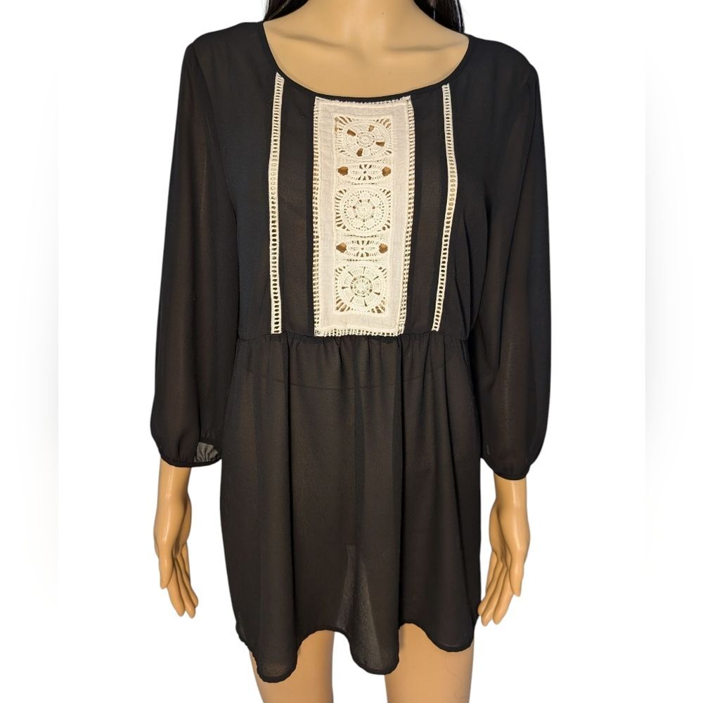 Sheer Black With Off White Crochet Detail On Front Women's Blouse